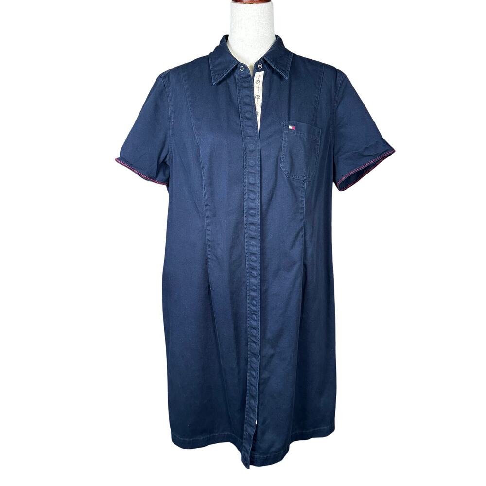 VTG Tommy Hilfiger Button Shirt Dress Women Blue Y2K Preppy Coastal Casual sz 14